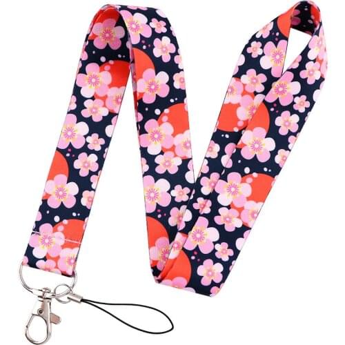 Classic Cherry Blossoms Lanyards Keychain Japanese Flower Print Hang Rope Mobile Phone Straps ID Badge Card Holder Accessories