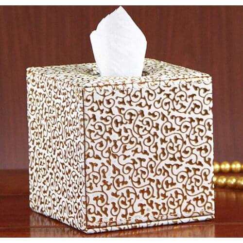 Square Cube Tissue Box Cover PU Leather Wood MDF Struct Roll Paper Napkin Holder Tissues Storage Case Container Desk Organizer