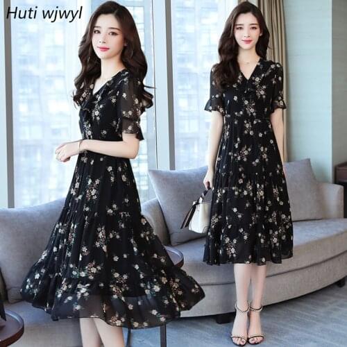Summer Black Vintage Floral Chiffon Midi Sundress 2021 Elegant Women Plus Size Boho Dresses Party Short Sleeve Runway Vestidos
