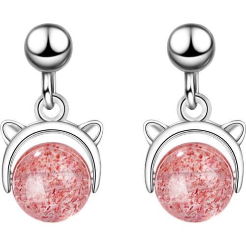 Trendy Little Cute Cat Animal Pink Strawberry Quartz 925 Sterling Silver Ladies Stud Earrings Jewelry For Women Wholesale Gift