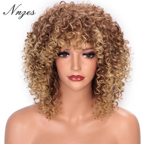 NNZES 14inch Afro Kinky Curly Wig Short Mixed Brown Blonde Wig Synthetic Wigs for Black Women Heat Resistant Fiber Hair