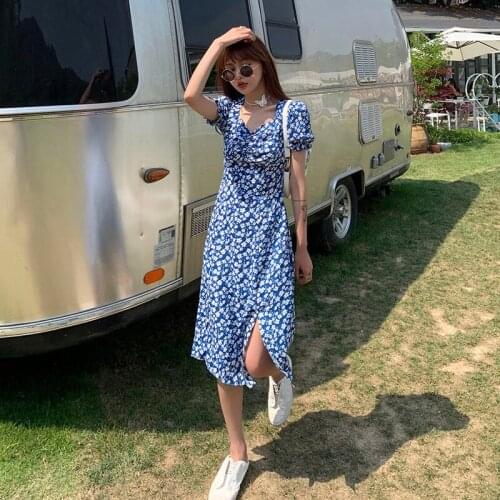 Summer Short Sleeve Dresses Retro Slim V-Neck Ruffles Midi Elegant Tailored Dress Goddess Sexy Split French Chiffon Floral Dress
