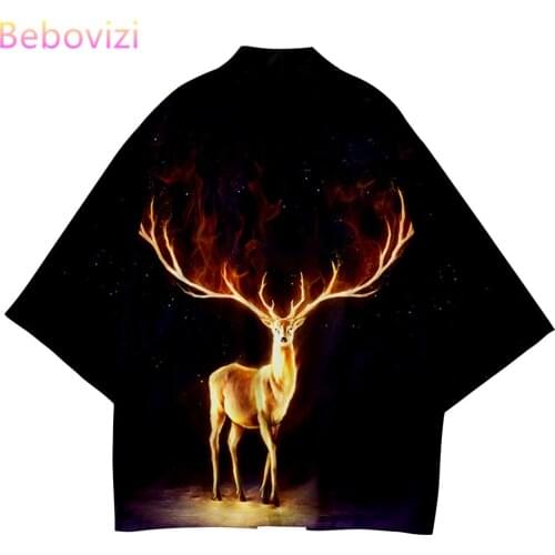 Plus Size XXS-6XL Black Elk Print Loose Japanese Streetwear Cardigan Women Men Harajuku Haori Kimono Cosplay Top Yukata Clothes