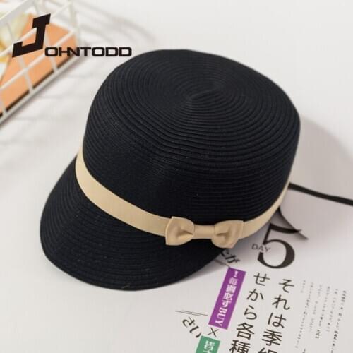 Brand Fashion Ribbon Sun Hats Breathable Soft Women Straw Patchwork Striped Bow Beach Cap Summer Hats for Women Straw Hat