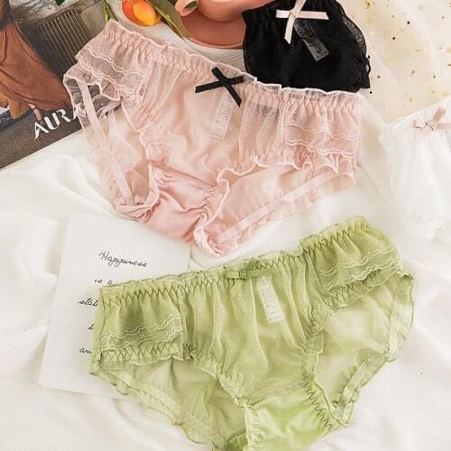 Cute Mesh Womens Panties Transparent Seamless Female Thong Lingerie Sexy Bow Ruffled Low Waist Ladies Briefs Underwear Tanga