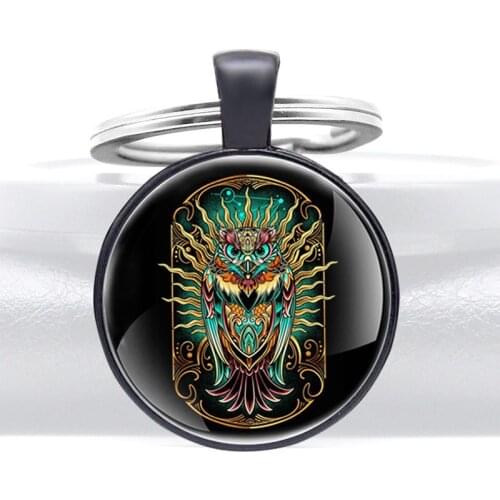 Mysterious Owl Glass Cabochon Pendant Key Chain Charm Men Women Black Jewelry Gifts Key Rings