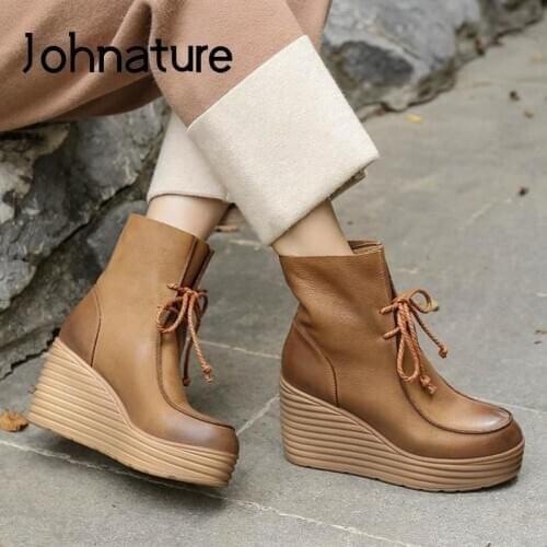 Johnature 2021 New Women Boots Genuine Leather Lace-up Women Shoes Round Toe Winter Wedges Handmade Leisure Ankle Platform Boots