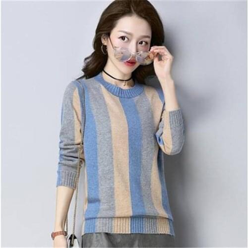 Autumn Winter Women Vintage Splice Sweater Temperament Pullover Knitwear Loose Elegant Ladies Fashion Casual O-Neck Top TT0073