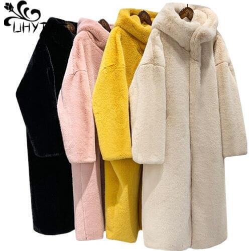 UHYTGF Rex rabbit fur coat women Hooded casual long outerwear 2019 new quality Imitation mink warm winter fur coat plus size 824