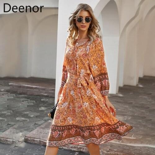 Deenor Summer Beach Long Dress Boho Holiday Style Floral Print Dresses 3/4 Sleeves V Neck Vintage Elegant A-line Dress