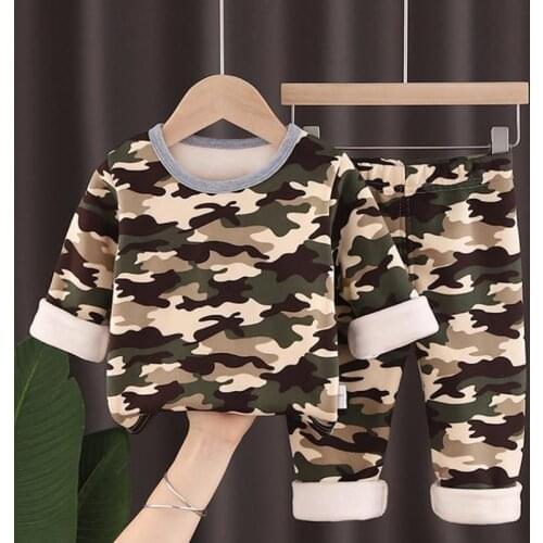 2020 New Boys Girls Autumn Winter cartoon pattern thermal Plus cashmere underwear pajamas suit baby home service suit 0-6Y