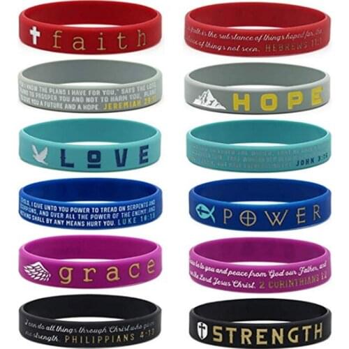 300pcs Christian Inspirational Bible Bracelets Variety Faith Hope Love Power Grace Strength Silicone Rubber Wristbands in Bulk