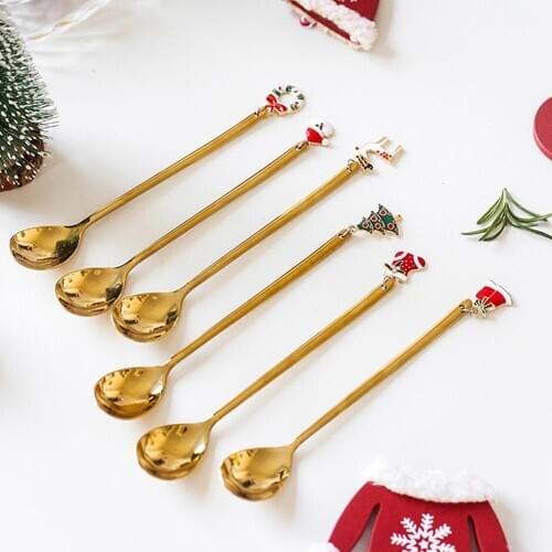 6pcs/set Vintage Teaspoon Innovative Christmas Stainless Steel Spoon Set For Gifts Creative Gold Plated Coffee Dessert Spoon