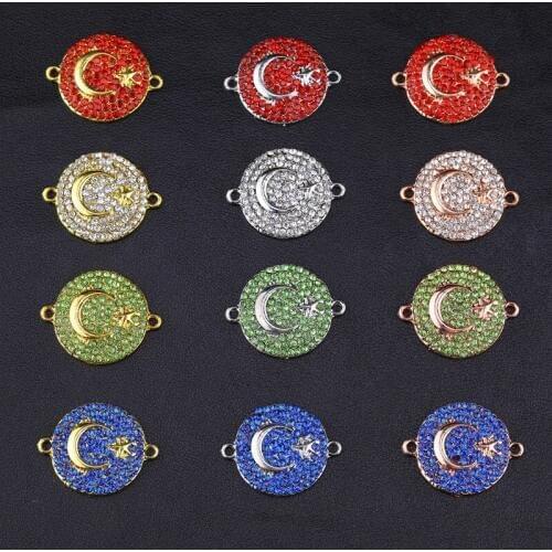 Juya DIY Allah Jewelry AccessoriesHandmade Cz Rhinestones Crescent Turkey Flag Connector Charms For Muslim Jewelry Making