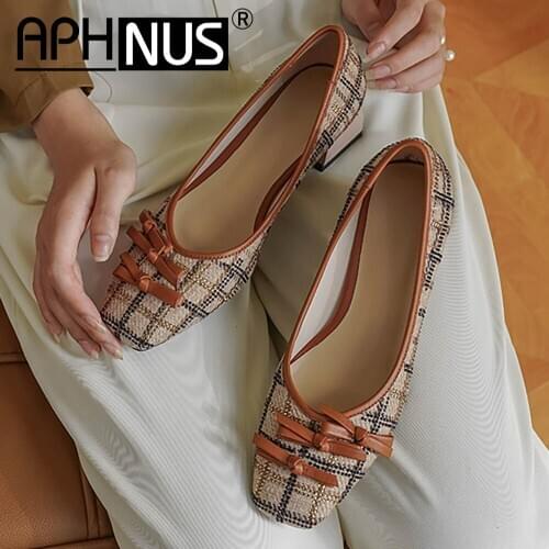 APHNUS Womens Bowtie Checkered Office Work Low Mid Heels Pumps Woman 2020 Shoes For Women New