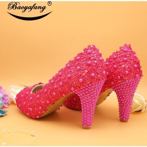 BaoYaFang Fuschia Flower Pearl wedding shoes Peep Toe Thin heels Shoes Woman 10cm Round Toe Open Toe party dress shoes