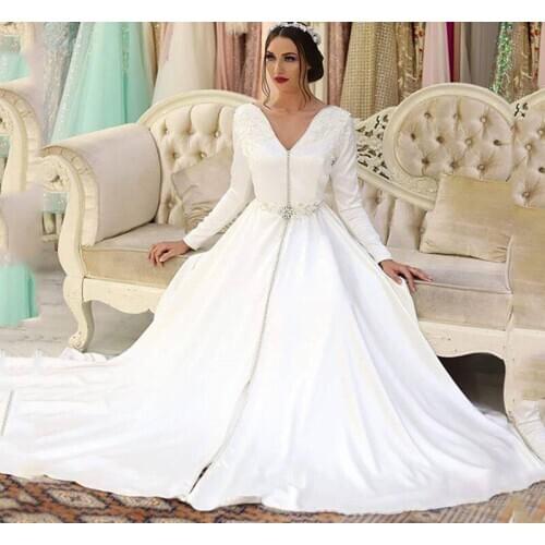 White Muslim Evening Dresses A-line V-neck Long Sleeves Appliques Moroccan Kaftan Dubai Saudi Arabia Long Prom Dress Gown