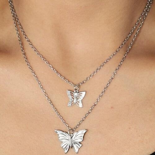 Big Small Two Flash Drilling Butterfly Cubic Zirconia Clavicle Double Layer Chain Necklace Choker for Lady Women Korean Jewelry