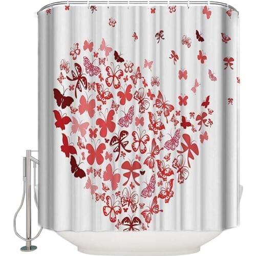 Floral Love Shape Heart of Butterflies Valentines Day Ornamental Shower Curtains Mildew Resistant Waterproof Polyester Fabric B