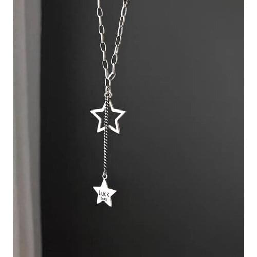 925 Sterling Silver Hollow Star Luck Letter Long Necklace Vintage Charm Thai Silver Necklace For Women Men Jewelry S-N595