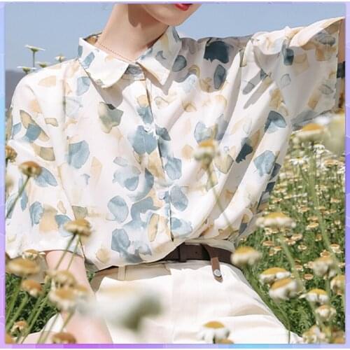 Elegant Chiffon T-Shirt Womens Tee Shirt Flower Short-Sleeve Tops Casual Office T-shirts Tin Loose Button Beach Top Summer