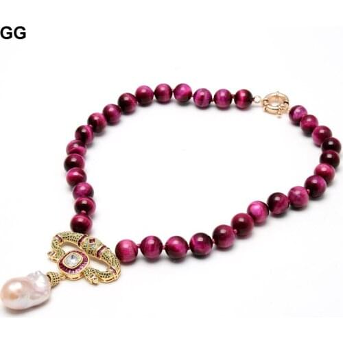 GG Jewelry Natural Smooth Round Fuchsia Tiger Eye Necklace Cubic Zirconia CZ Pave Pink Keshi Pearl Pendant For Women