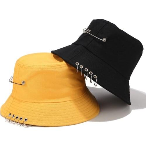 Personality Punk Five Rings Pin Fisherman Hat Male Iron Ring Basin Hat Female Spring and Summer Simple Solid Color Sun Hat Caps