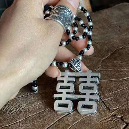 Johnature Tibetan Silver Vintage Original Chinese Character XI 2021 New National Trend Necklace Women Metal Hangings