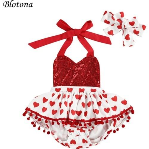 Blotona 2Pcs Newborn Casual Outfits, Baby Girl Sleeveless Love Print V-Neck Pompom Sequin Halter Romper + Headband 0-24Momths