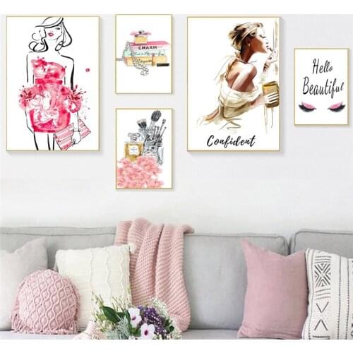 Fashion Art Canvas Painting Golden Pink Flower Dress Girl Posters and Prints Modern Perfume Lash Canvas Pictures Home Wall Decor