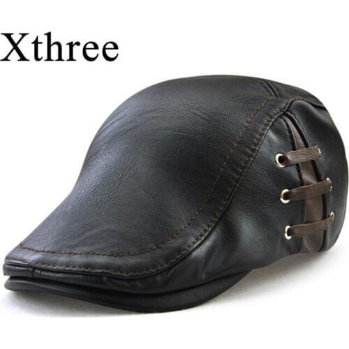 Xthree Fashion Faux Leather Beret hat casquette cap Hats for Men Visors Sun hat Gorras Planas Flat Caps PU