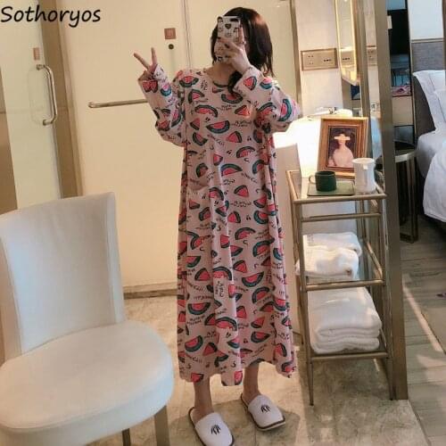 Nightgowns Women Long Sleeve Spring Large Size 4XL Sleepwear Cartoon Printed Korean Style Kawaii Sleepshirts Womens Loose Casual