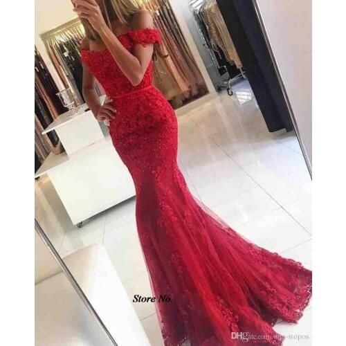 2020 New Red Lace Mermaid Prom Dresses veatidos Off Shoulder Beaded Appliques Tulle Long Formal Party Evening Gowns