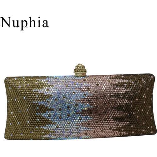 NUPHIA Gold Champagne Hard Case Box Crystal Clutches and Evening Bags for Women Party Evening Prom