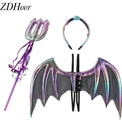 Kids Adult Fancy Dress Up Devil Costumes Party Cosplay Headband Bat Wing with Horns Trident Set Exotic Roleplay Apparel Clubwear