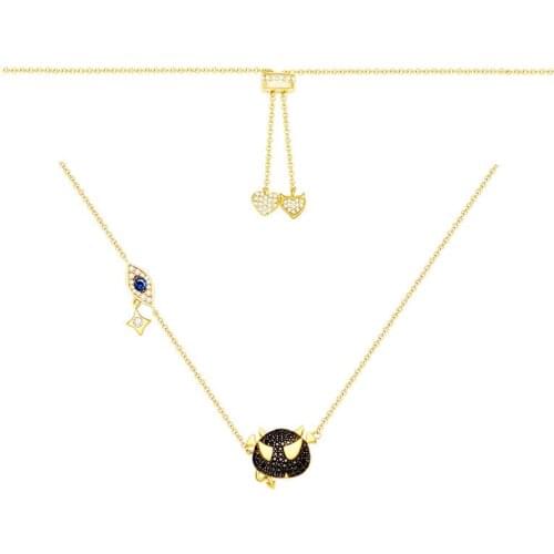 Real S925 Sterling Silver Yellow Gold Color Black Zirconia Devil and Eye Pendant Adjustable Necklace Women Fashion Jewelry