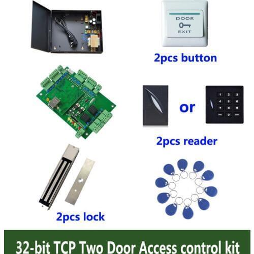 RFID 32-bit access control kit,TCP/IP two door access control+power+280kg magnetic lock+ID reader+button+10 ID tag,sn:kit-T206