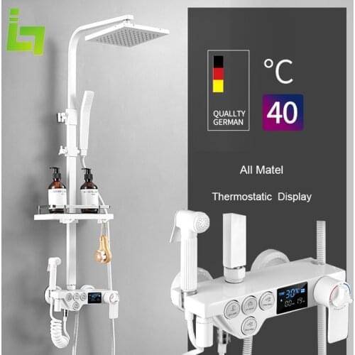 Luxury White Display thermostatic Shower Faucet Set Rainfall Shower Mixer Tap Bathtub Shower Mixer Tap 3-way Shower Mixe
