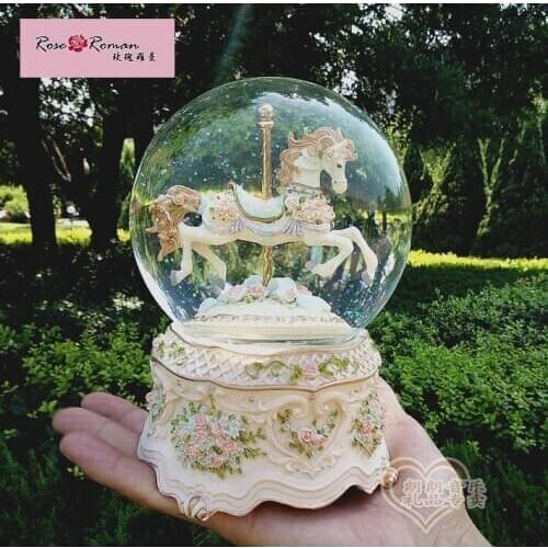 Rose Roman large luminous crystal ball carousel music box music box birthday female Sky City Rose Roman merry go round crystal