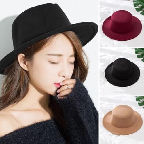 Solid Color Imitation Woolen Hat Women Felt Fedoras Jazz Cap Female Girls Simple Wide Brim Flat Top Hats SA428