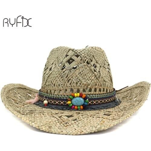 Retro Women Mens Hollow-out Baking Paint Cowboy Western Summer Straw Cowgirl Sun Hat Turquoise Pendant Wood Bead HA191