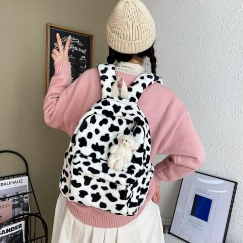 Lovely Plush Women Backpack Cow Spotted Travel Bag female student College School Bag for Teenage Girl Cute Book bag Rucksack