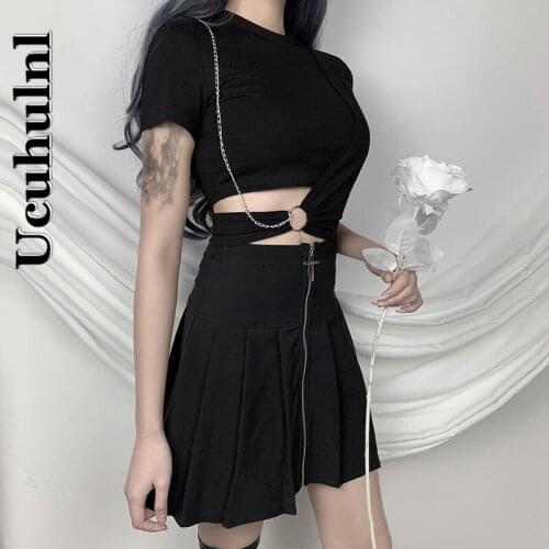 Ucuhulnl Streetwear Black T-shirts Women Harajuku Punk Tees Gothic Sexy Hollow Out Tops Summer Fashion