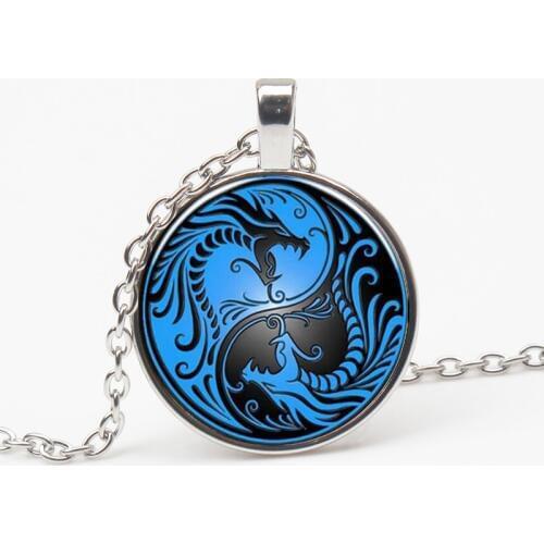 Vintage Blue Dragon and Yin Yang Taiji Religious Pendant Necklace Glass Necklace European New Men Women Jewelry Gift Souvenir