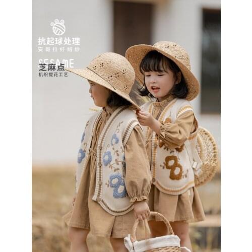 Girls Retro Wooden Button Knitted Wool Vest 2021 Fall New Baby Corduroy Dress