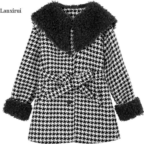 Women Black Khaki Plaid Faux Woolen Coat Patchwork Lambswool Teddy Button Pocket Sash Houndstooth Coat Winter