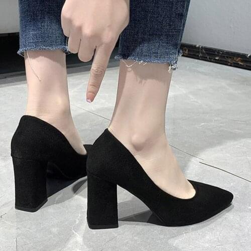 Plus Size Women High Heels Dress Shoes Flock Basic Pumps Pointed Toe Boat Shoe Square Heel Ladies Shoe Zapatos Mujer Black 9339N