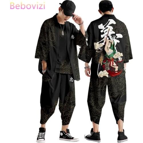 Plus Size S-6XL Loose Japanese Cardigan Two-piece Suit Women Men Cosplay Yukata Clothing Harajuku Samurai Kimono + Pants Sets