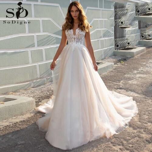 SoDigne Boho Wedding Dresses A Ling V-Neck Lace Appliques Princess Bridal Dress Sexy Backless Wedding Gown Vestido De Noiva