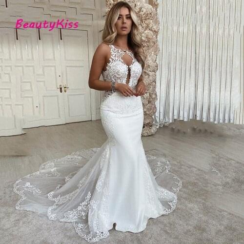 Sexy Mermaid Wedding Dresses 2021 Scoop Neck Lace Appliques White Bridde Dress Open Back Country Bridal Gowns Vestido de novie
